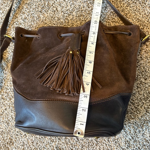 Brown and Black FRYE Suade Leather Paige Drawstring Bucket Bag - Picture 10 of 12